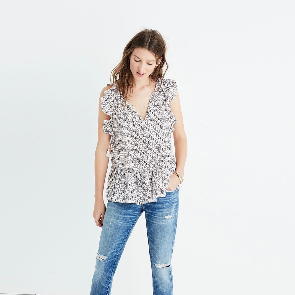 Madewell Silk Lily Ruffle Top in Echo Grid